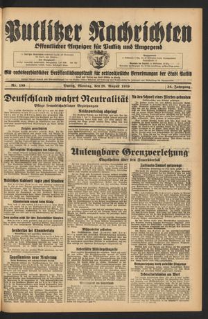 Putlitzer Nachrichten on Aug 28, 1939
