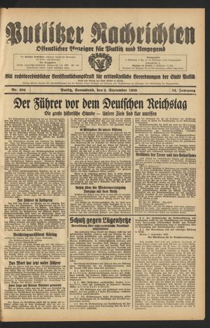 Putlitzer Nachrichten vom 02.09.1939