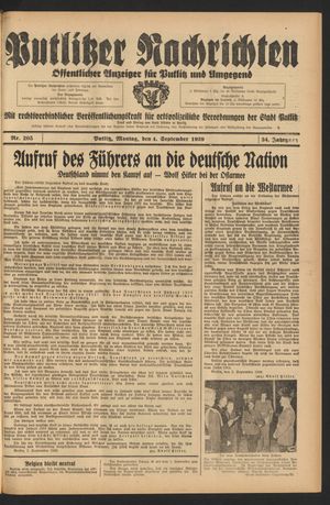 Putlitzer Nachrichten vom 04.09.1939