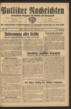 Putlitzer Nachrichten vom 05.09.1939
