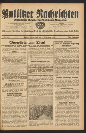 Putlitzer Nachrichten vom 07.09.1939