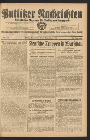 Putlitzer Nachrichten vom 09.09.1939