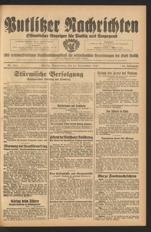 Putlitzer Nachrichten vom 14.09.1939
