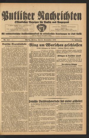 Putlitzer Nachrichten vom 15.09.1939