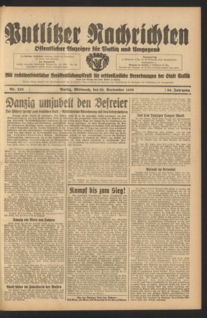 Putlitzer Nachrichten vom 20.09.1939