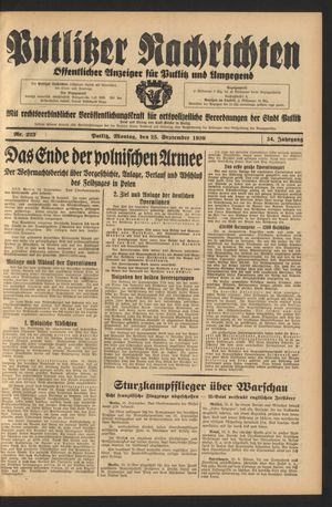Putlitzer Nachrichten vom 25.09.1939