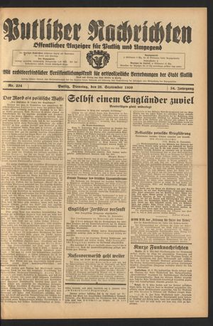 Putlitzer Nachrichten vom 26.09.1939