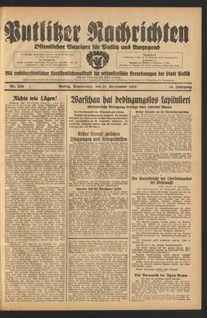 Putlitzer Nachrichten vom 28.09.1939