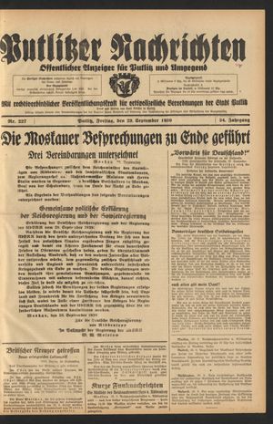 Putlitzer Nachrichten vom 29.09.1939