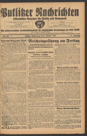 Putlitzer Nachrichten vom 05.10.1939