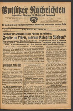 Putlitzer Nachrichten on Oct 7, 1939