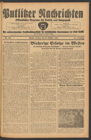 Putlitzer Nachrichten vom 20.10.1939