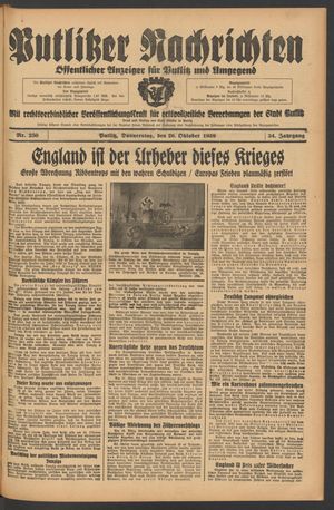 Putlitzer Nachrichten vom 26.10.1939