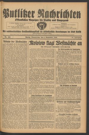 Putlitzer Nachrichten vom 02.11.1939