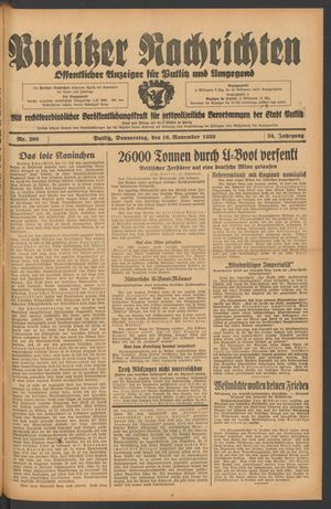 Putlitzer Nachrichten vom 16.11.1939