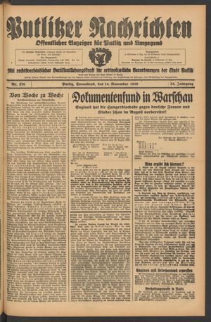 Putlitzer Nachrichten vom 18.11.1939