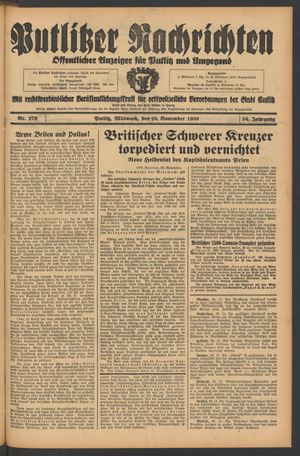 Putlitzer Nachrichten vom 29.11.1939
