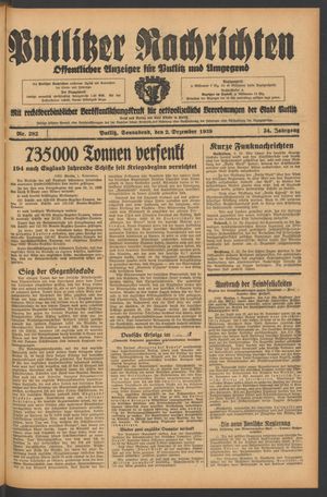 Putlitzer Nachrichten vom 02.12.1939