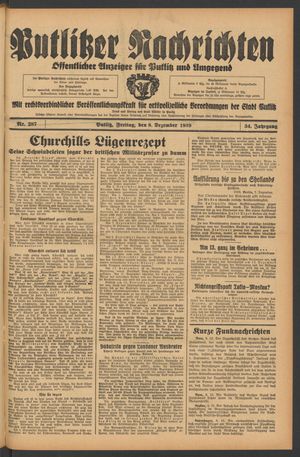 Putlitzer Nachrichten vom 08.12.1939