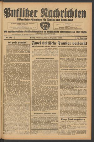 Putlitzer Nachrichten vom 12.12.1939