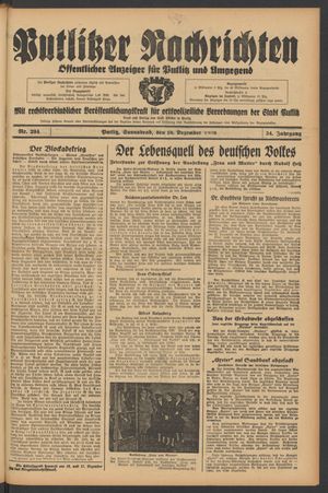 Putlitzer Nachrichten vom 16.12.1939