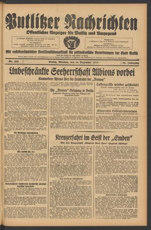 Putlitzer Nachrichten vom 18.12.1939