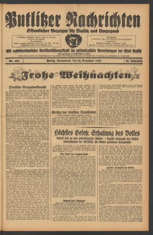 Putlitzer Nachrichten vom 23.12.1939