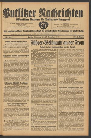 Putlitzer Nachrichten vom 27.12.1939