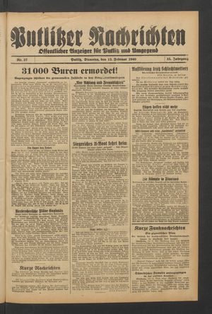 Putlitzer Nachrichten vom 13.02.1940