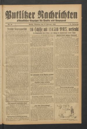 Putlitzer Nachrichten vom 27.02.1940