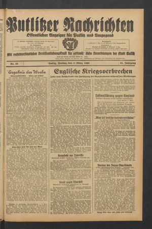 Putlitzer Nachrichten vom 08.03.1940