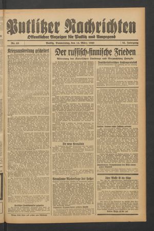 Putlitzer Nachrichten vom 14.03.1940