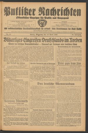 Putlitzer Nachrichten vom 10.04.1940