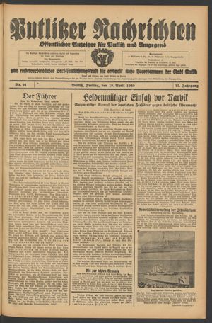 Putlitzer Nachrichten vom 19.04.1940