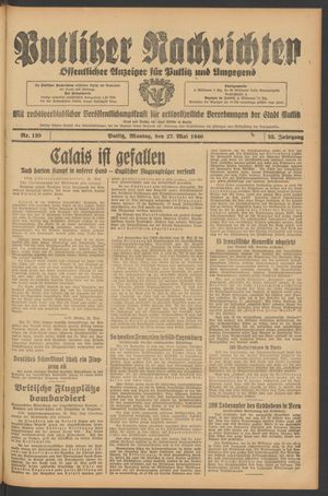Putlitzer Nachrichten vom 27.05.1940