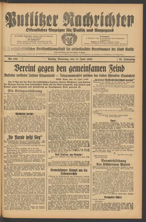 Putlitzer Nachrichten vom 11.06.1940