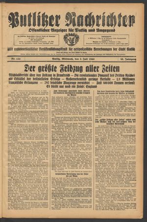 Putlitzer Nachrichten vom 03.07.1940