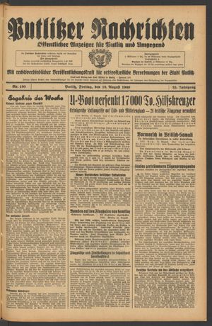 Putlitzer Nachrichten vom 16.08.1940