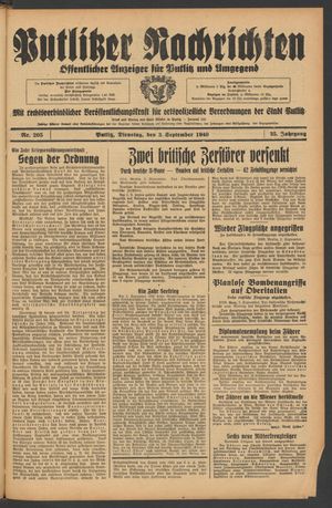 Putlitzer Nachrichten vom 03.09.1940