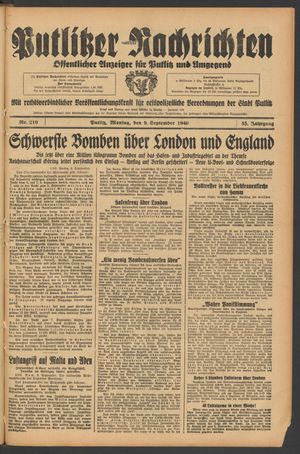Putlitzer Nachrichten vom 09.09.1940