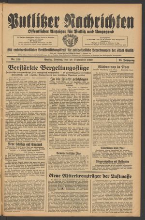 Putlitzer Nachrichten vom 20.09.1940
