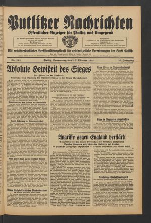 Putlitzer Nachrichten vom 17.10.1940